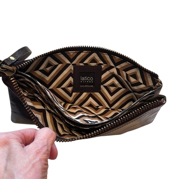 Lattico Leather Wristlet-Dark Brown-Three Zip Compartments-Geometric Fabric - Picture 3 of 9